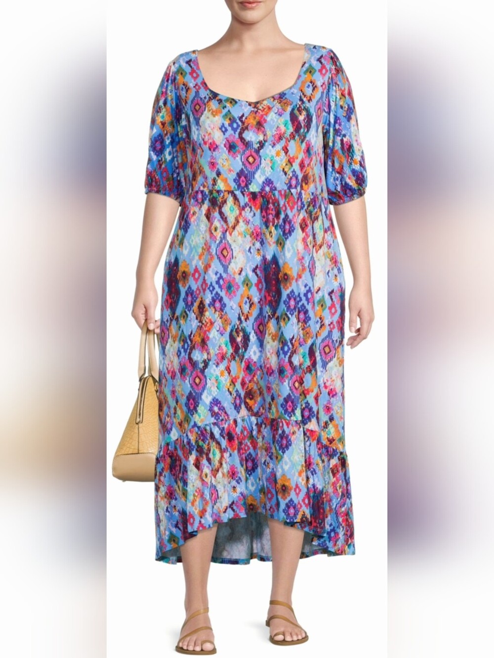 Terra & Sky Stretch Rayon Blue Multi Ikat High-Low Maxi Dress 1X/ 16W-18W